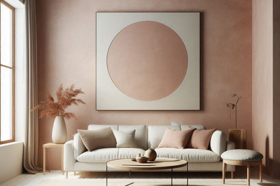 Salón con paredes de pintura salmón pálido con técnica de estuco veneciano