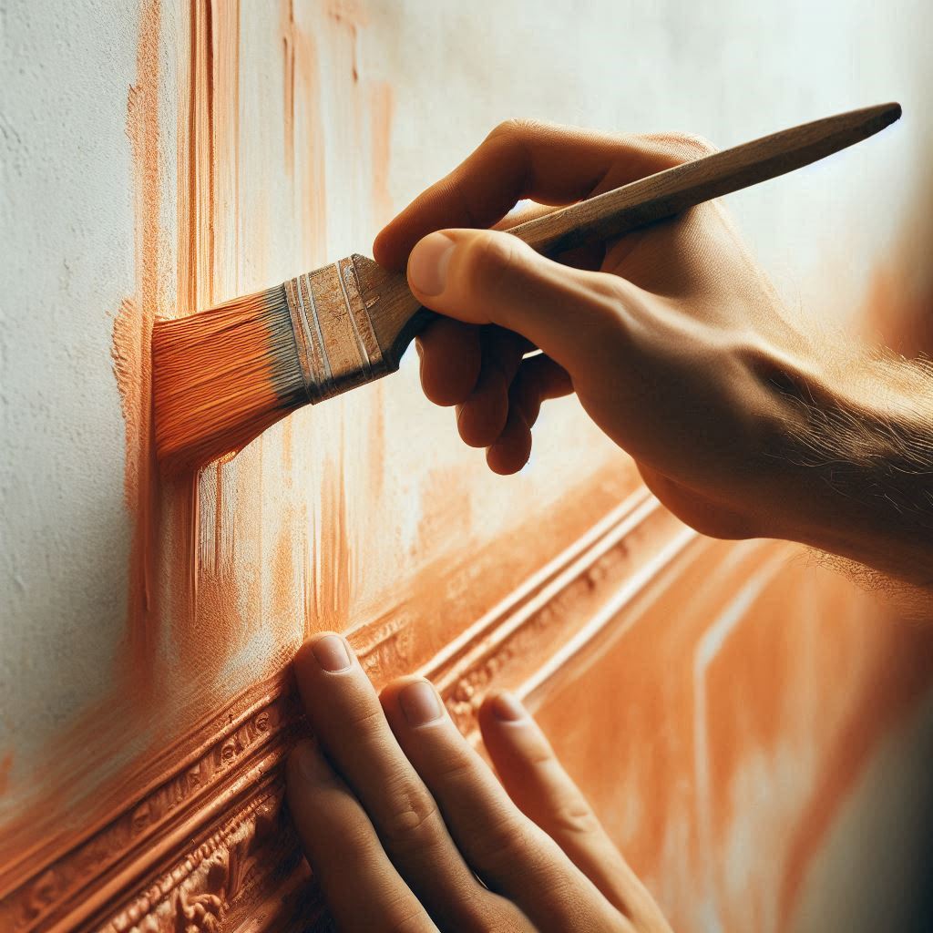 Detalles de la pared siendo pintados con brocha fina y a mano