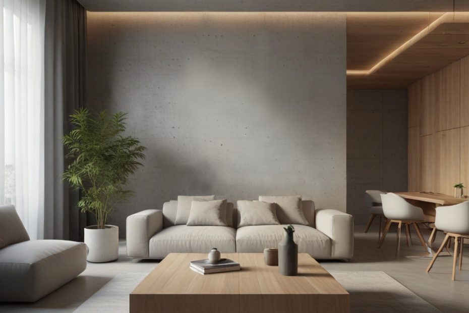 Salón con paredes embellecidas con aplicación de microcemento