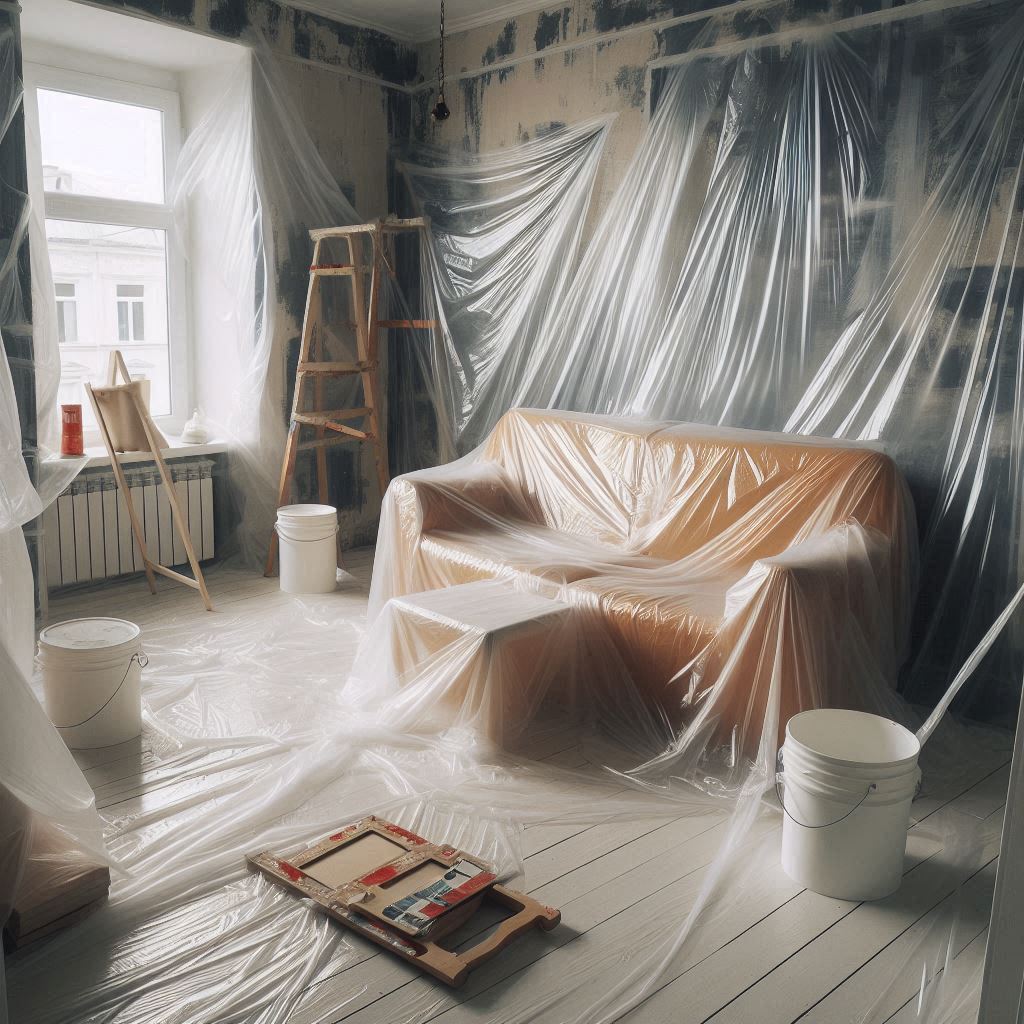 Habitación con muebles cubiertos de plástico para no ser manchados por polvo o pintura