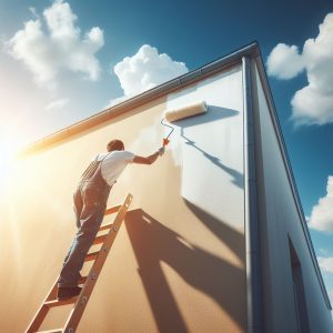 Fachada de una casa siendo renovada con pintura