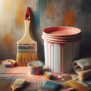 Cubo de pintura con brochas