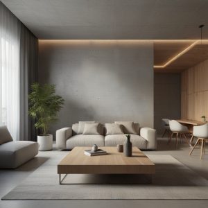 Salón con paredes embellecidas con aplicación de microcemento