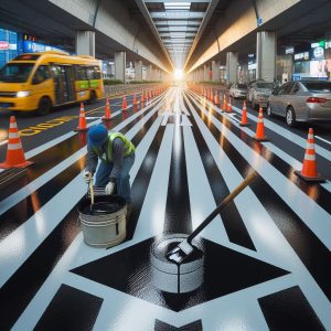 Persona aplicando pintura epoxi a un suelo para señales viales