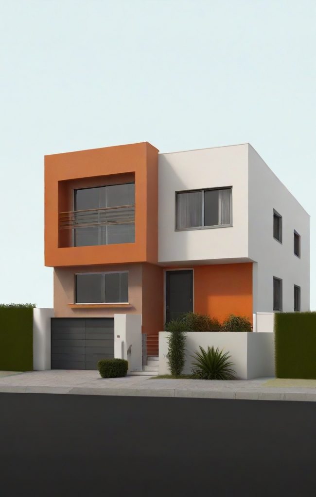 Hogar con un estilo moderno cúbico con pintura alternada en blanco y naranja por bloques