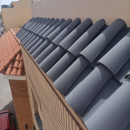 Tejas de un tejado renovado con pintura a un color cenizo